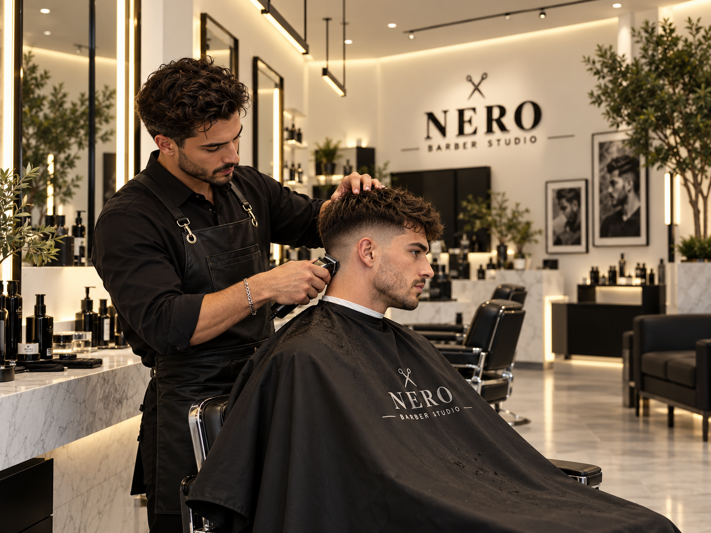 Barbero realizando un corte de cabello